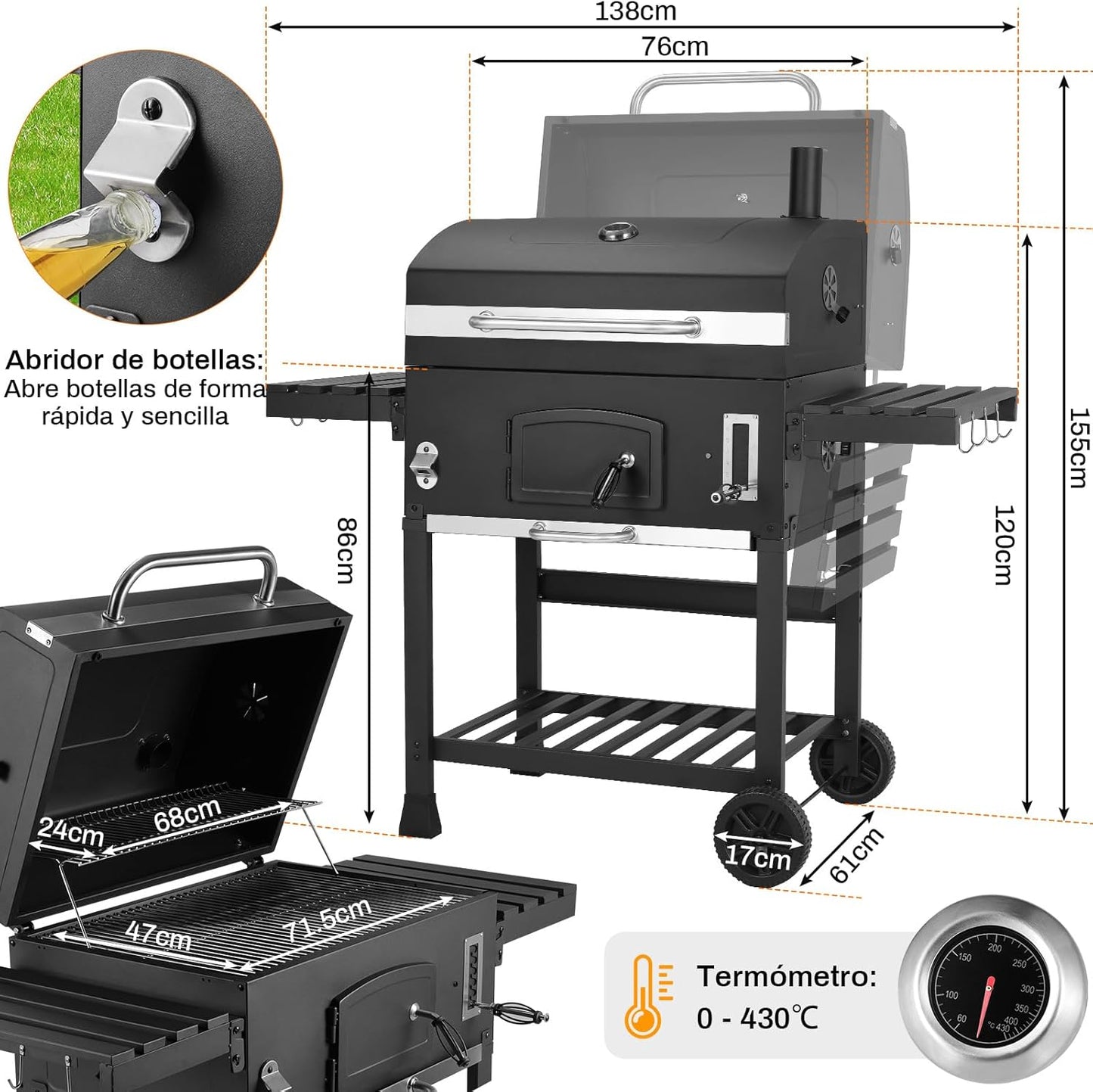 2026 Barbacoa de Carbon XXL, Parrilla de Carbón con Chimenea y Tapa, Parrilla con Carrito BBQ Smoker con Ruedas y Termómetro, Grande BBQ Carbon para Camping y Jardín