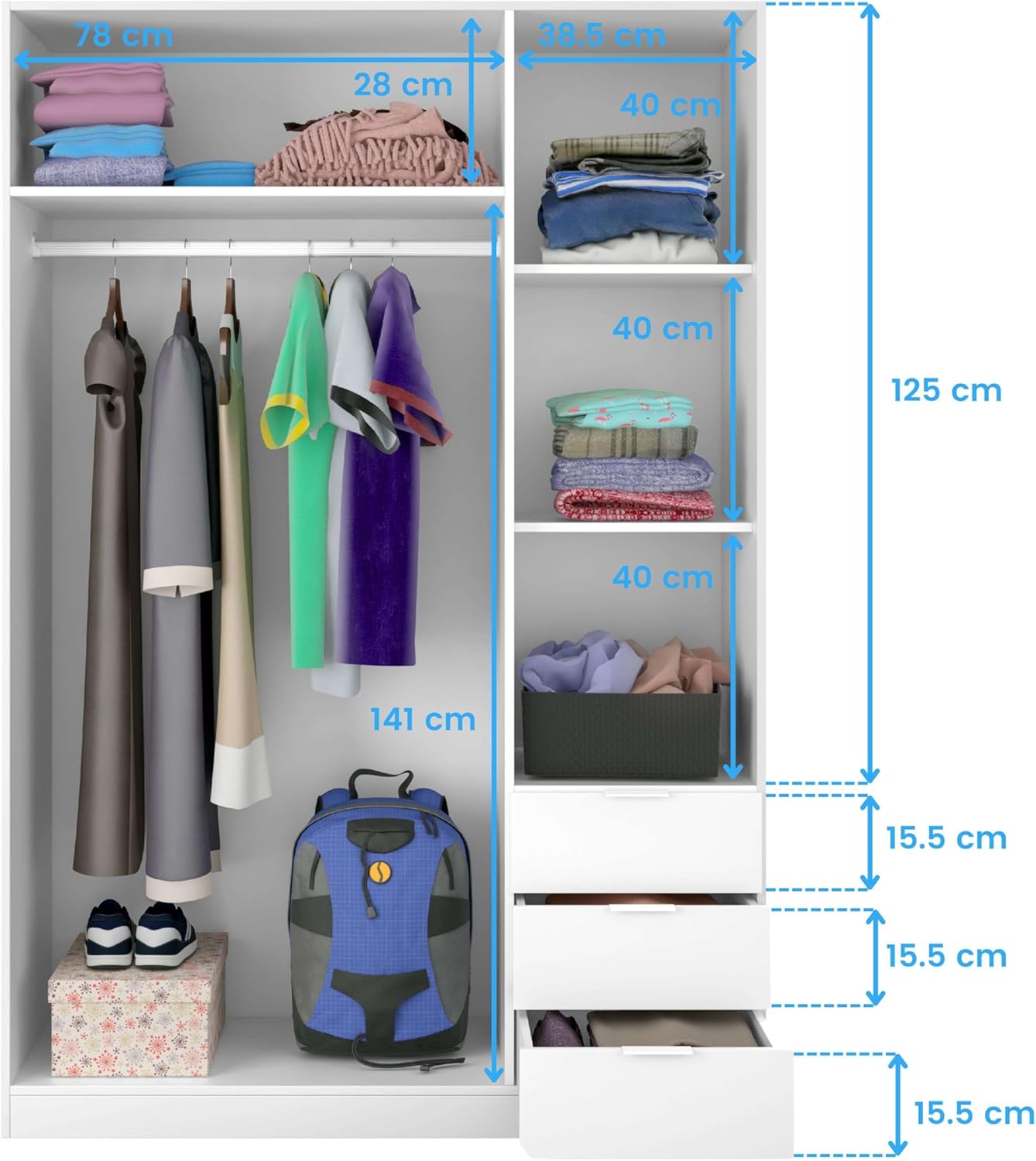 2026 Habitdesign Three Door and Three Drawer Wardrobe Closet, Artic White Finish, Measurements: 121 cm (W) x 180 cm (H) x 52 cm (D)