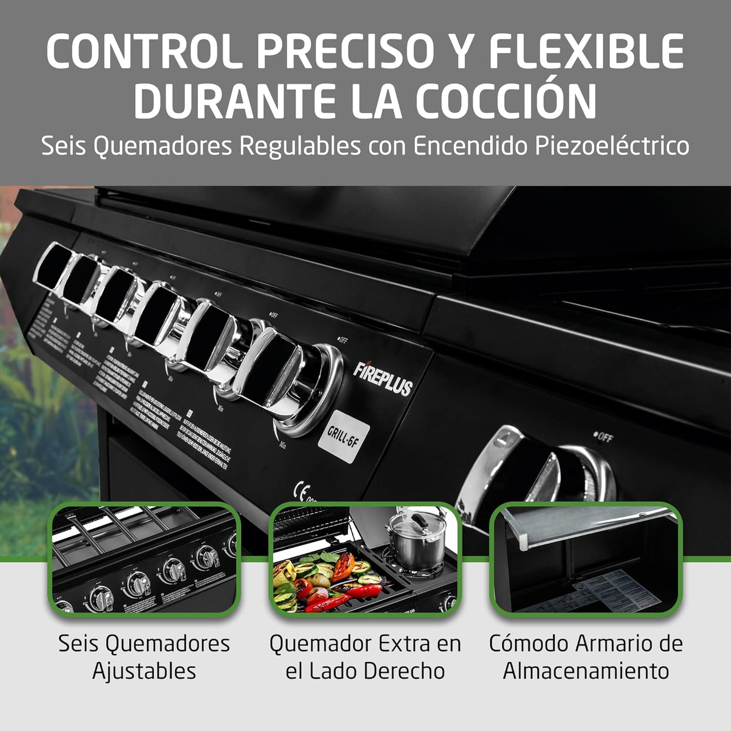 2026 Barbacoa de gas Fireplus 6+1 de 12,9 kW - Acero inoxidable Negro - Parrilla con ruedas Modelo GRILL-6F - Barbacoa XXL con carro y termómetro - 138x52x103 cm - 7 quemadores y Bandeja lateral