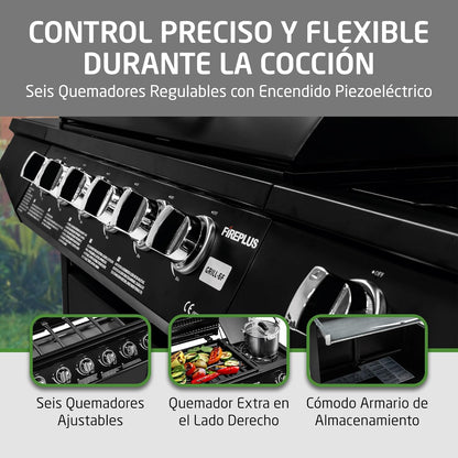 2026 Barbacoa de gas Fireplus 6+1 de 12,9 kW - Acero inoxidable Negro - Parrilla con ruedas Modelo GRILL-6F - Barbacoa XXL con carro y termómetro - 138x52x103 cm - 7 quemadores y Bandeja lateral