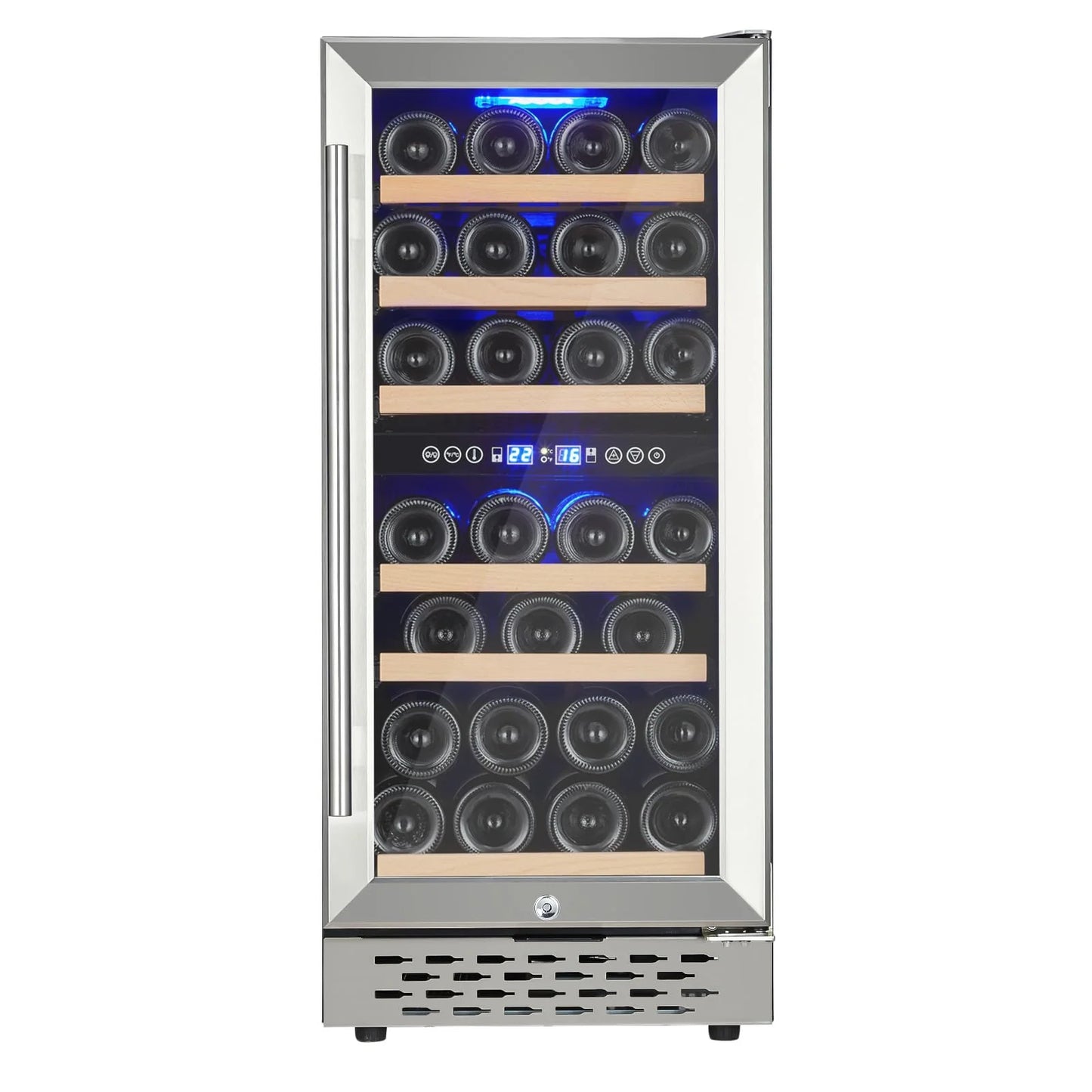 2026 Nuevo refrigerador enfriador de vino capacidad 28 botellas sistema de doble zona con puerta de vidrio control digital de temperatura para vino tinto blanco y espumoso instalación independiente o empotrada