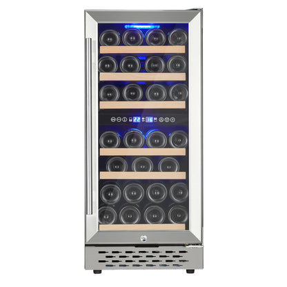 2026 Nuevo refrigerador enfriador de vino capacidad 28 botellas sistema de doble zona con puerta de vidrio control digital de temperatura para vino tinto blanco y espumoso instalación independiente o empotrada