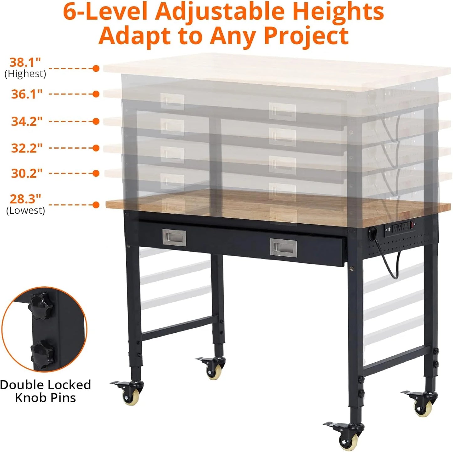 2026 Nuevo banco de trabajo para garaje 48 x 24 pulgadas mesa de trabajo resistente con cajón panel trasero capacidad 2000 lb madera de caucho con enchufes y ganchos