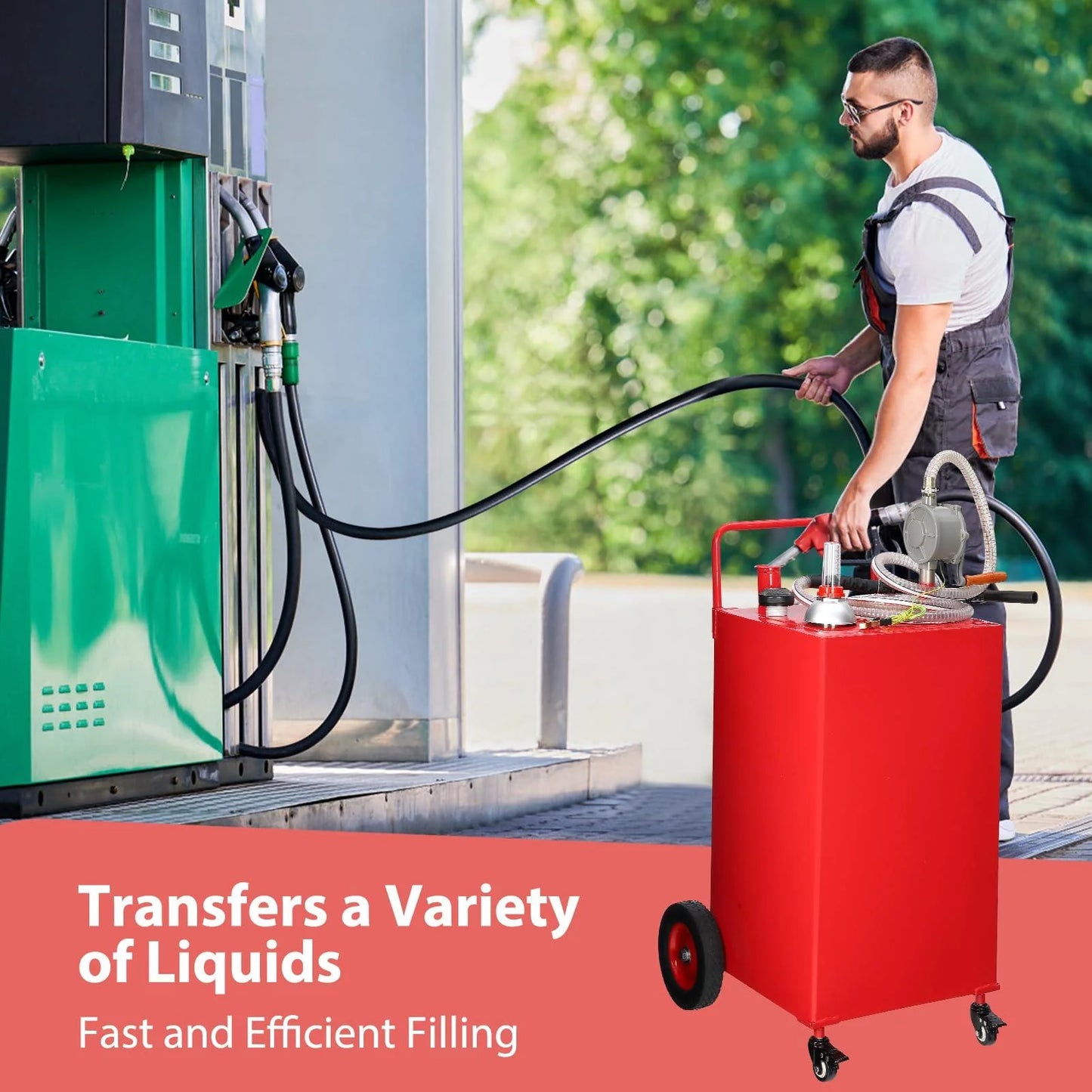 2026 Nuevo depósito portátil de combustible de 30 galones con bomba manual de doble sentido diseño móvil con 4 ruedas para coches camiones y embarcaciones