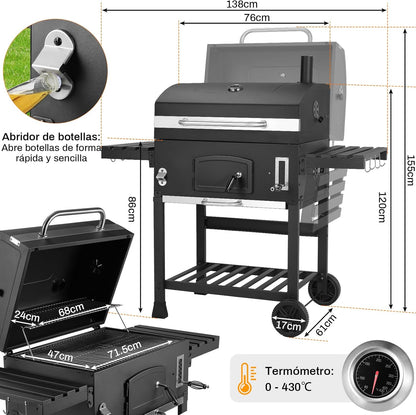 2026 Barbacoa de Carbon XXL, Parrilla de Carbón con Chimenea y Tapa, Parrilla con Carrito BBQ Smoker con Ruedas y Termómetro, Grande BBQ Carbon para Camping y Jardín