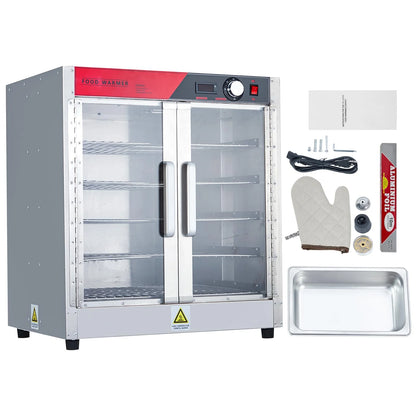 2026 Nuevo gabinete calentador de alimentos tipo hot box multifuncional de acero inoxidable con aislamiento térmico potencia 850W bandeja de agua puertas dobles transparentes diseño de 5 niveles