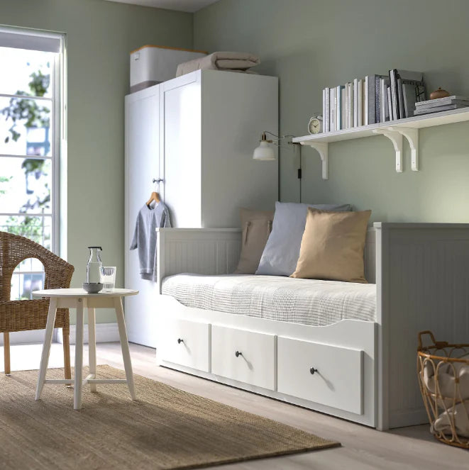 2026 HEMNES Cama tipo diván con 3 espacios de almacenamiento, Blanco, 80x200 cm