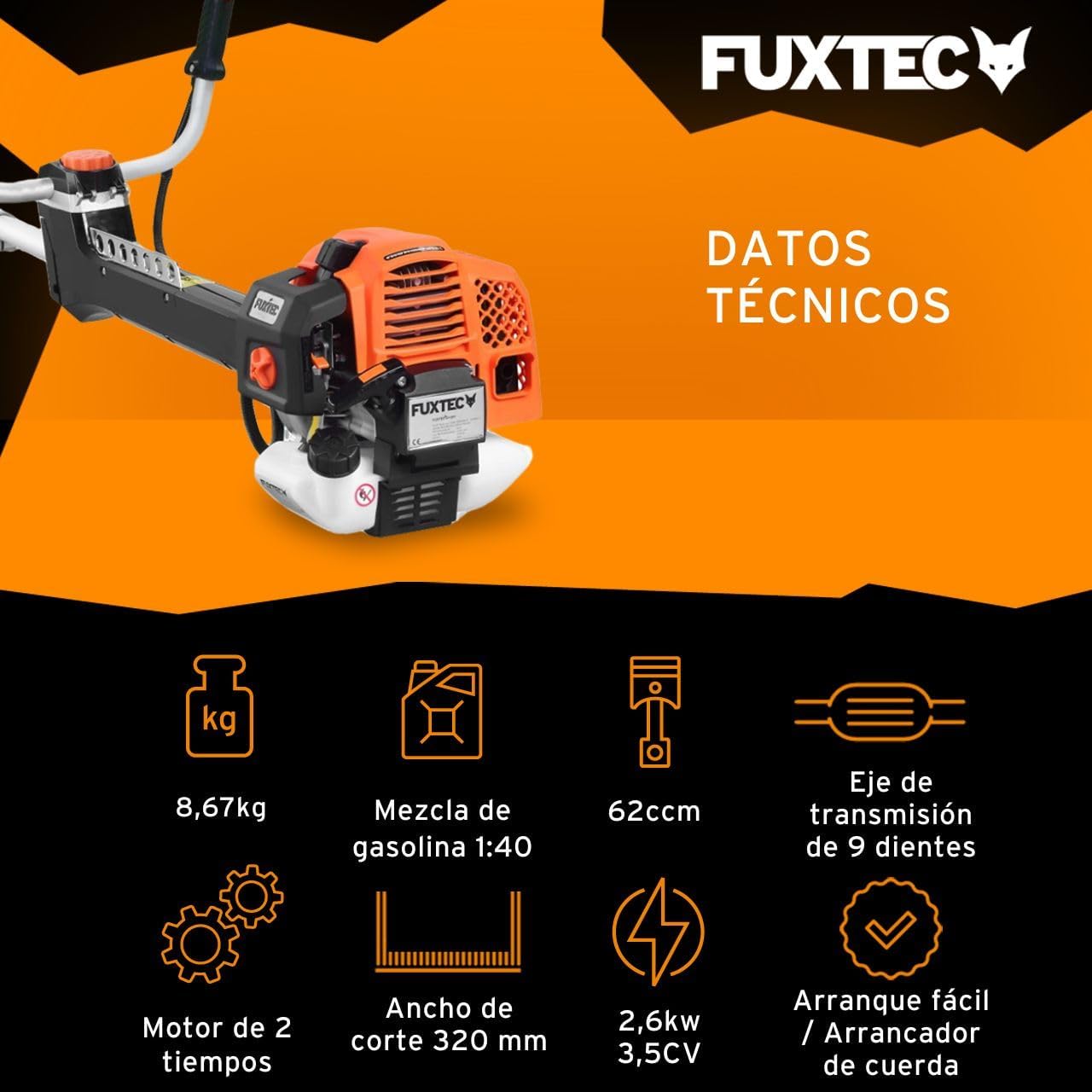 2026 FUXTEC Desbrozadora profesional de gasolina de 62 cc, 3,5 CV, Multiherramienta 2en1, con correa para el hombro, sistema antivibratorio recortadora multifunción Motor 2 tiempos