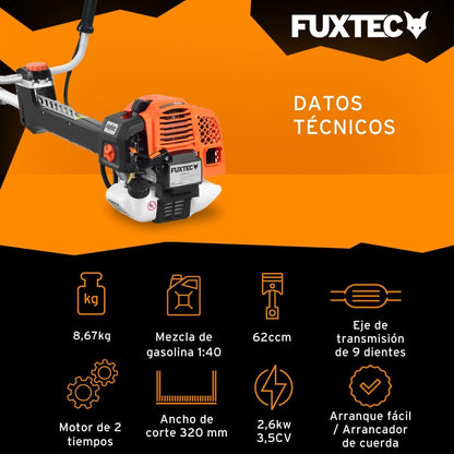 2026 FUXTEC Desbrozadora profesional de gasolina de 62 cc, 3,5 CV, Multiherramienta 2en1, con correa para el hombro, sistema antivibratorio recortadora multifunción Motor 2 tiempos