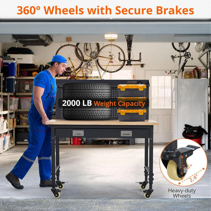 2026 Nuevo banco de trabajo para garaje 48 x 24 pulgadas mesa de trabajo resistente con cajón panel trasero capacidad 2000 lb madera de caucho con enchufes y ganchos