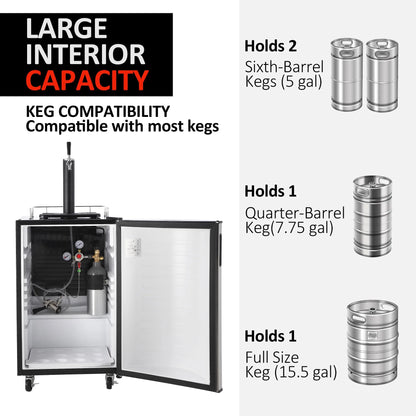 2026 Nuevo dispensador de cerveza de barril con un solo grifo refrigerador para barriles tamaño completo con estantes acero inoxidable bandeja de goteo y barandilla color plateado