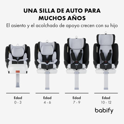 2026 Babify Onboard Silla de Coche Isofix para Bebés y Niños, 0 Meses - 12 Años, Apta Desde 40-150 cm, Ajustable 360º, Asiento Portátil y Seguro i-Size ECE R129 - Black edition
