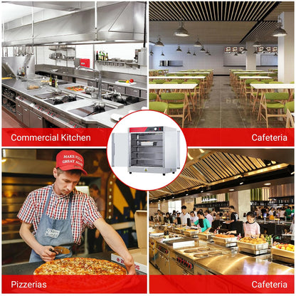 2026 Nuevo gabinete calentador de alimentos tipo hot box multifuncional de acero inoxidable con aislamiento térmico potencia 850W bandeja de agua puertas dobles transparentes diseño de 5 niveles