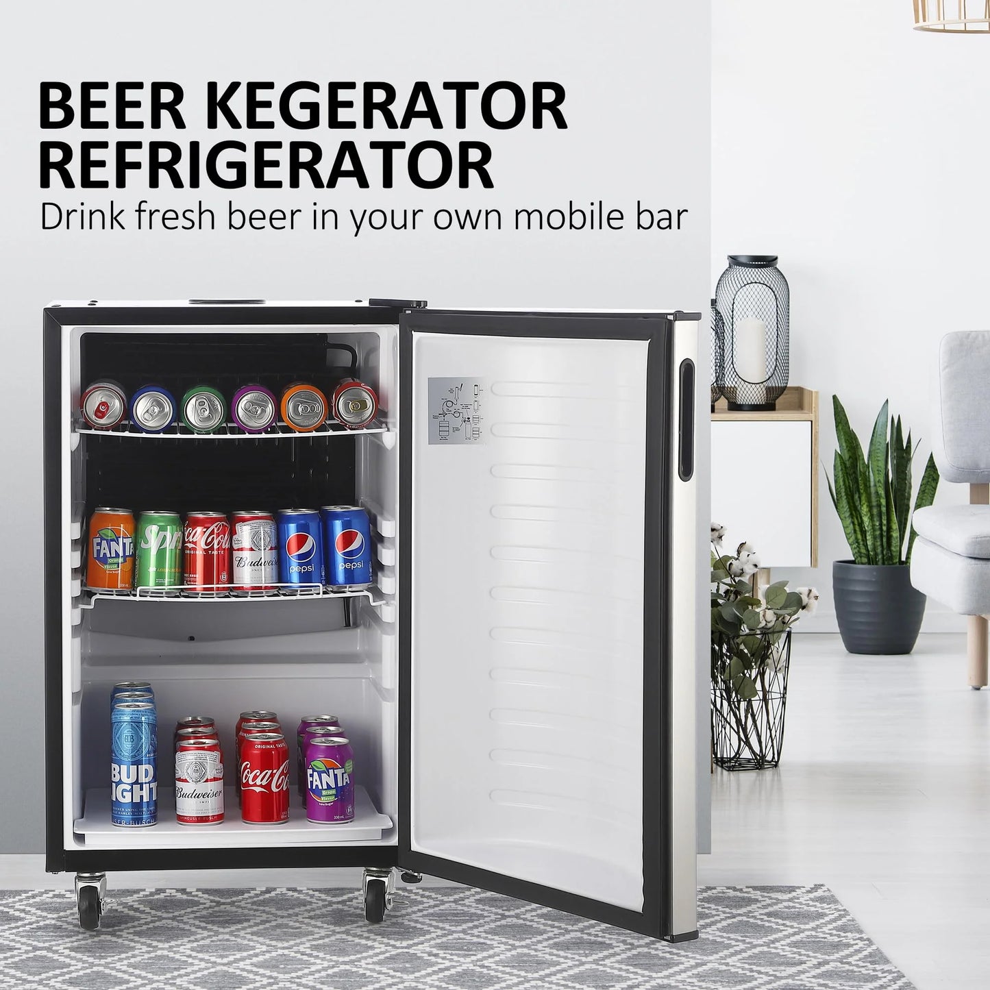 2026 Nuevo dispensador de cerveza de barril con un solo grifo refrigerador para barriles tamaño completo con estantes acero inoxidable bandeja de goteo y barandilla color plateado