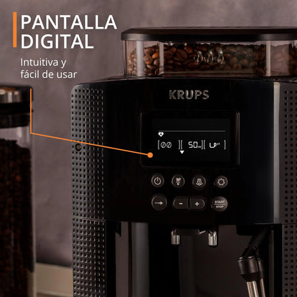 2026 Krups Essential - Cafetera súper automática, 15 Bares de presión, Molinillo cónico de Metal, con selección de cantidad e Intensidad de café, 1.7 l, 1 Cups, Acero, Pantalla LCD + Acc. Leche