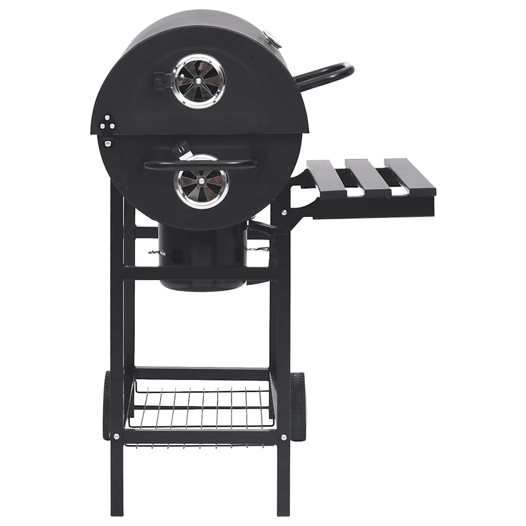 2026 Parrilla de barril ruedas y estantes acero negro 115x85x95 cm