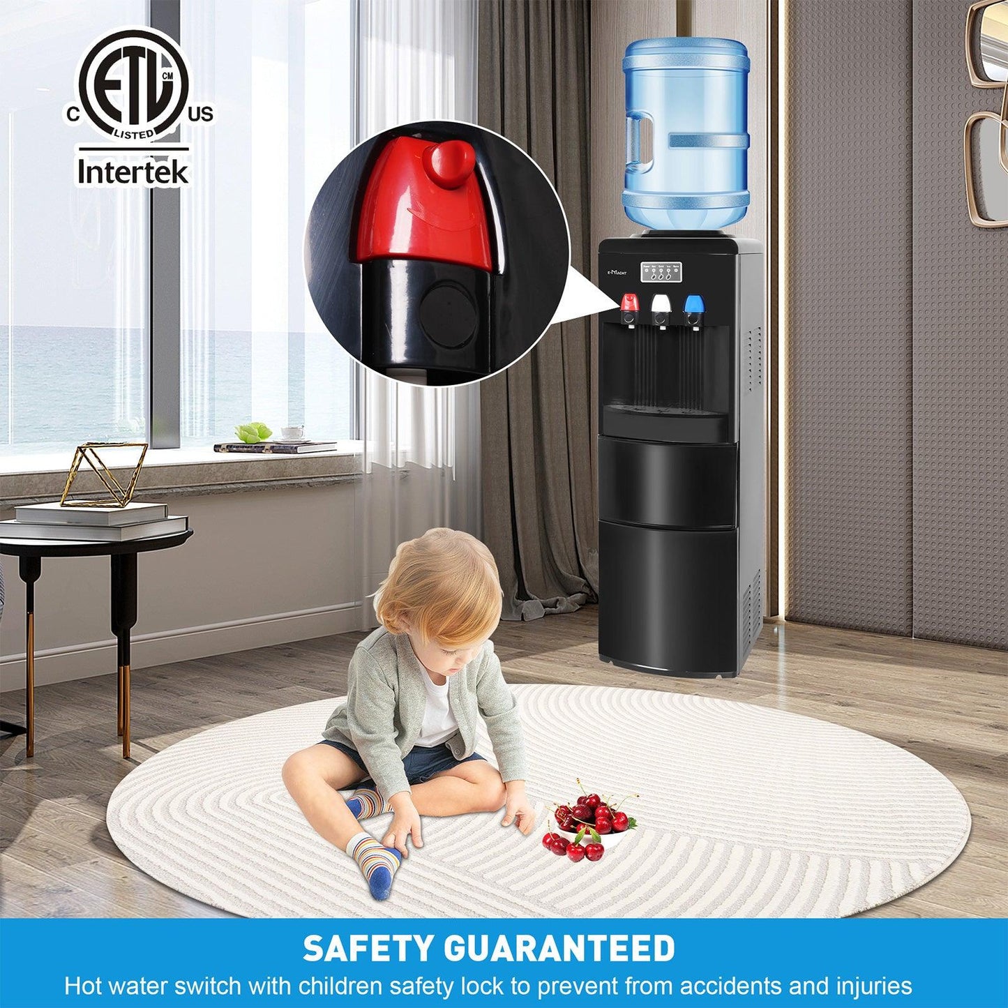 2026 Dispensador de agua 2 en 1 con fábrica de hielo – Para botellas de 3 a 5 galones – Seguridad infantil – Negro