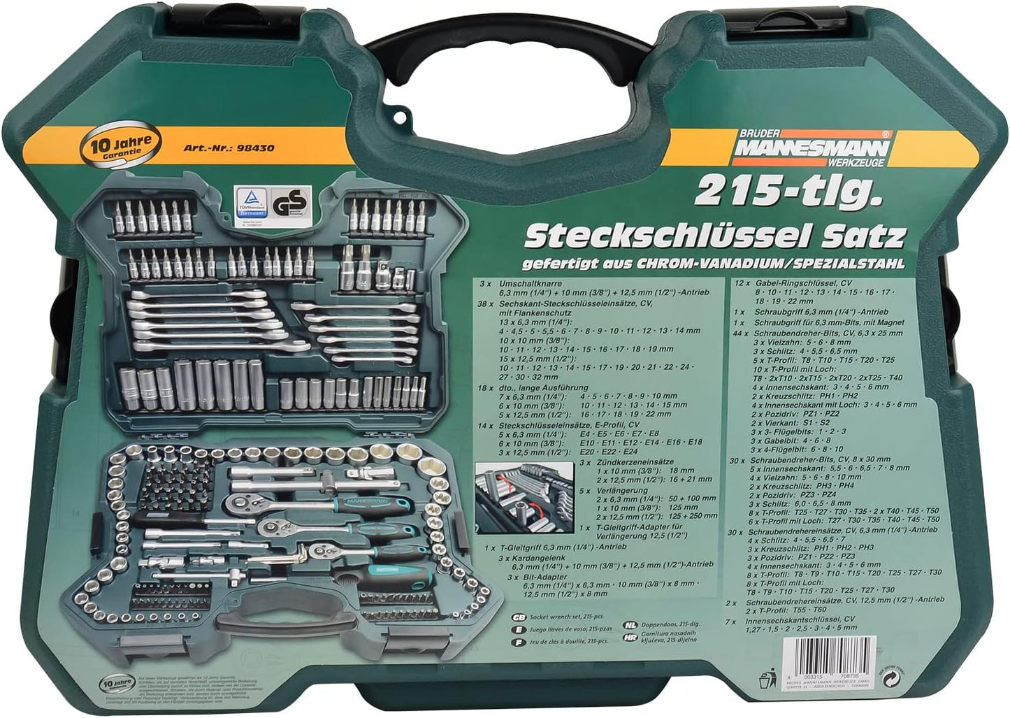 2026 Mannesmann M98430 - Maletín con llaves de vaso y otras herramientas (215 piezas, tamaño: 12x36x51 cm), Color Verde Mannesmann