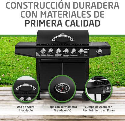 2026 Barbacoa de gas Fireplus 6+1 de 12,9 kW - Acero inoxidable Negro - Parrilla con ruedas Modelo GRILL-6F - Barbacoa XXL con carro y termómetro - 138x52x103 cm - 7 quemadores y Bandeja lateral