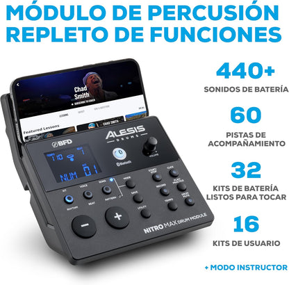2026 Alesis Nitro Max Kit Batería Electrónica con Parches Silenciosos de Malla, Caja de Doble Zona de 10", Bluetooth, 440+ Sonidos Auténticos, Lecciones Drumeo, USB MIDI, Pedal de Bombo