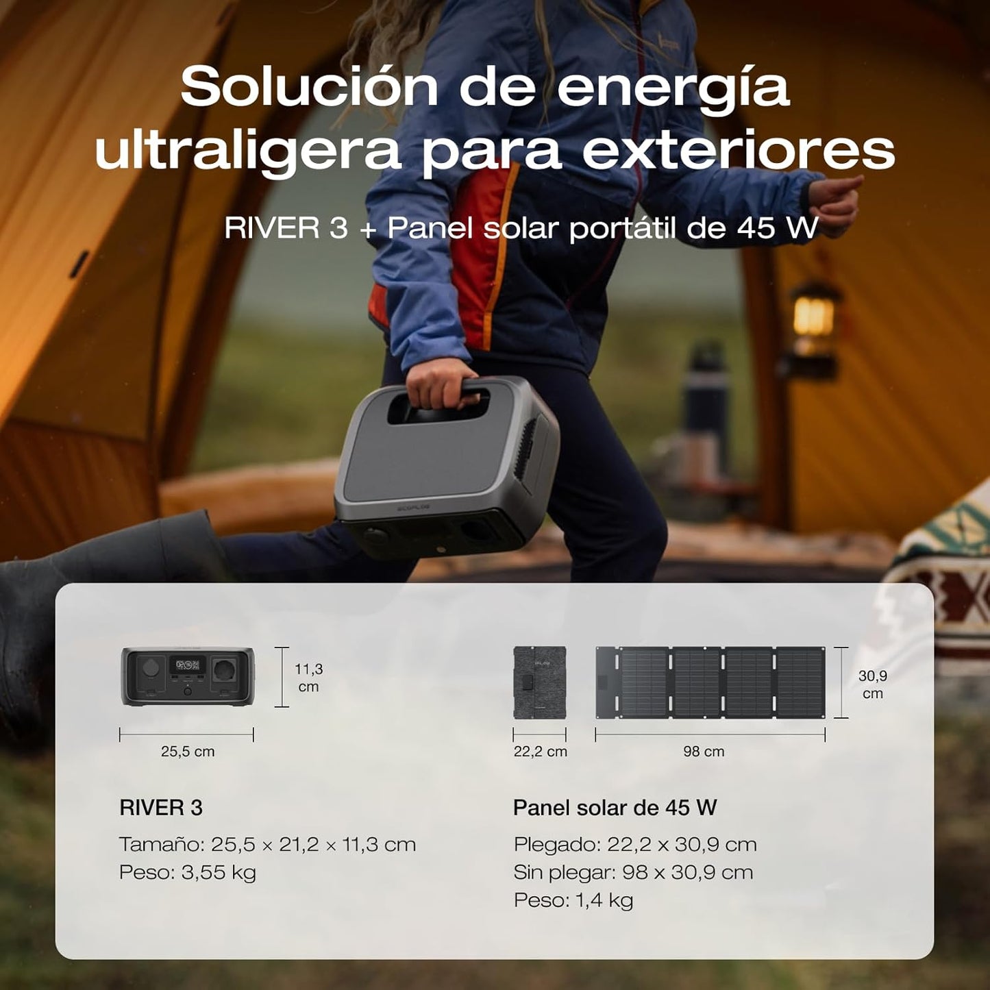 2026 Estación de energía portátil EF EcoFlow RIVER 3 con panel solar 45 W, batería LFP 245 Wh, salida 600 W, eficiencia con GaN que duplica la duración, SAI en