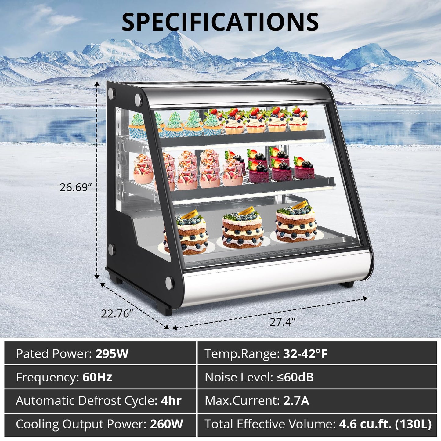 2026 Nuevo vitrina refrigerada comercial de exhibición 130L (4.6 pies cúbicos) con descongelación automática, vidrio templado e iluminación LED para uso en mostrador