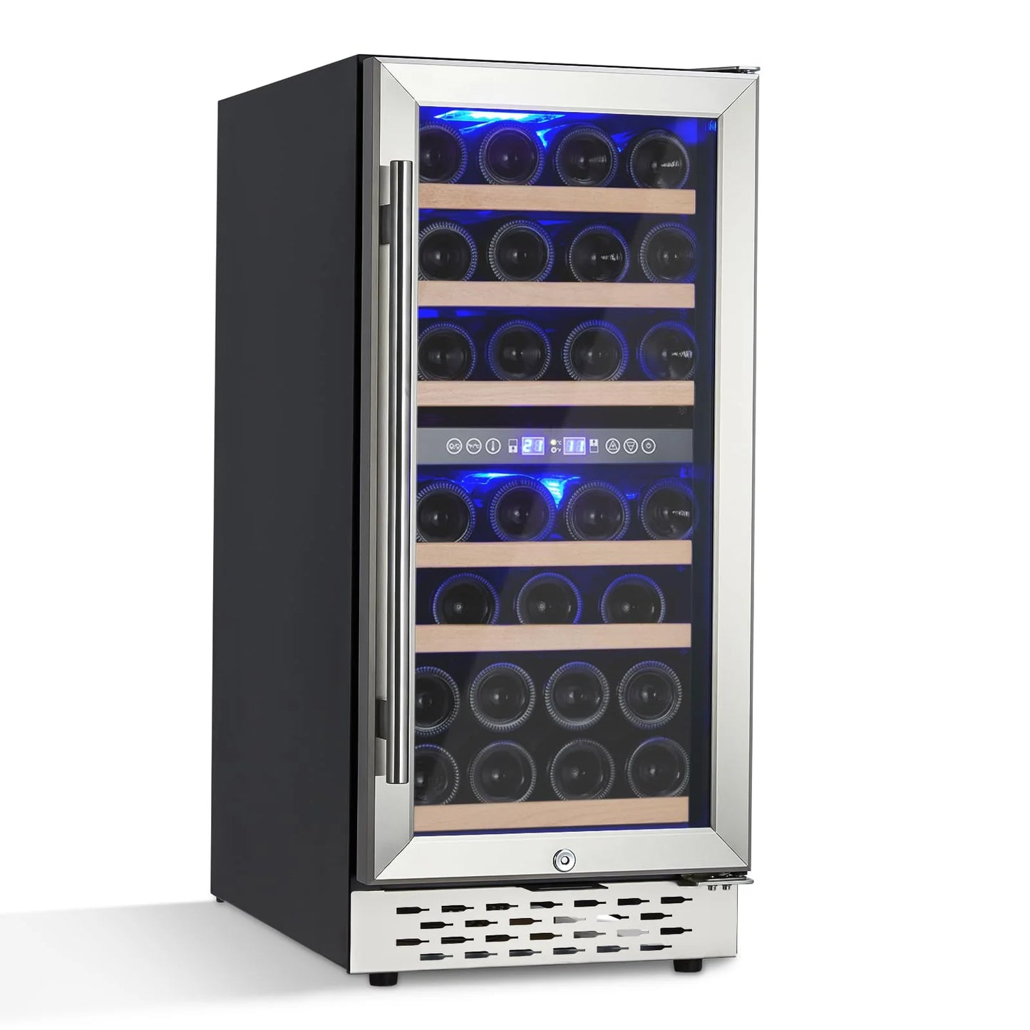 2026 Nuevo refrigerador enfriador de vino capacidad 28 botellas sistema de doble zona con puerta de vidrio control digital de temperatura para vino tinto blanco y espumoso instalación independiente o empotrada