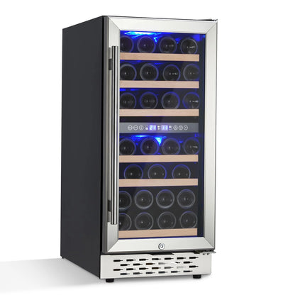 2026 Nuevo refrigerador enfriador de vino capacidad 28 botellas sistema de doble zona con puerta de vidrio control digital de temperatura para vino tinto blanco y espumoso instalación independiente o empotrada