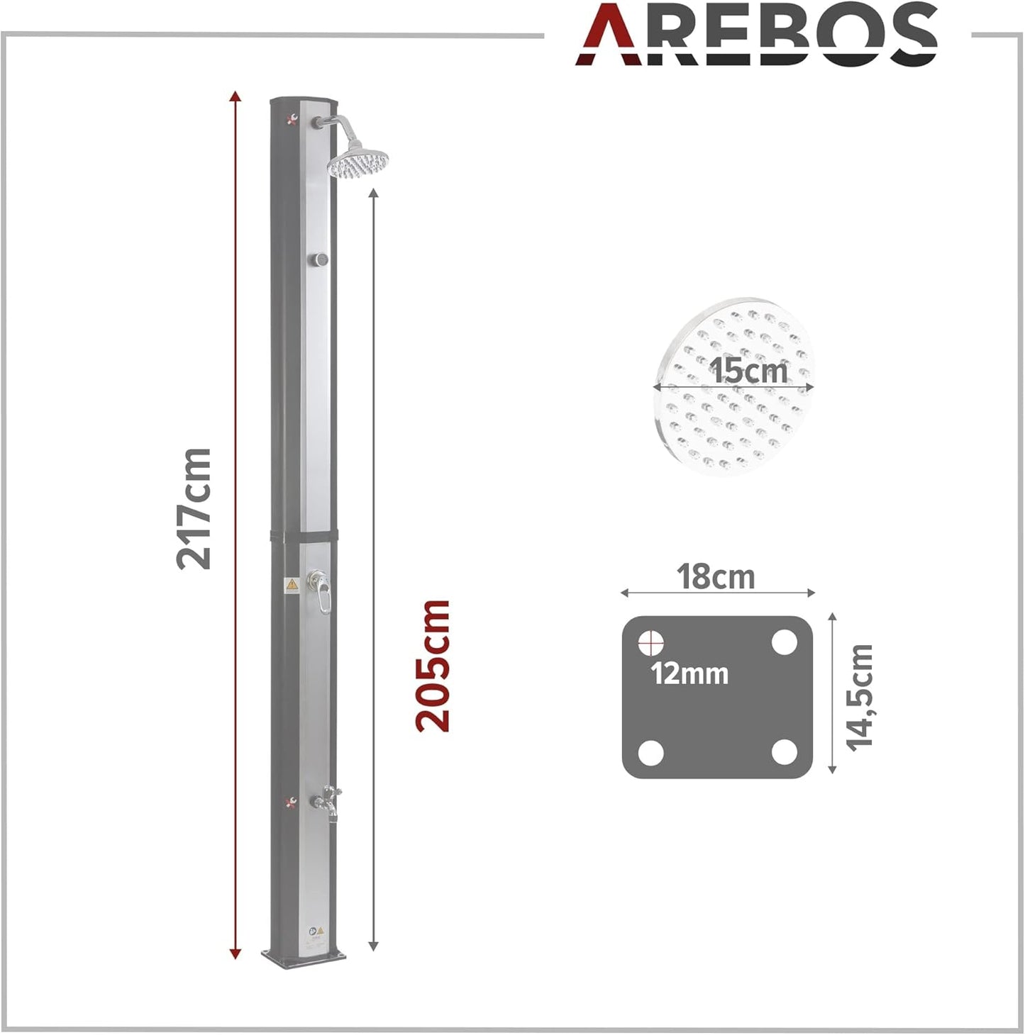 2026 Arebos Ducha Solar | 35 litros | 216cm | con termómetro Integrado | Incl.Portada | Cabezal de Ducha Redondo | con Ducha de pies | Ducha de jardín con conexión para Manguera de jardín | Negro