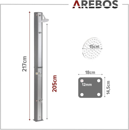 2026 Arebos Ducha Solar | 35 litros | 216cm | con termómetro Integrado | Incl.Portada | Cabezal de Ducha Redondo | con Ducha de pies | Ducha de jardín con conexión para Manguera de jardín | Negro