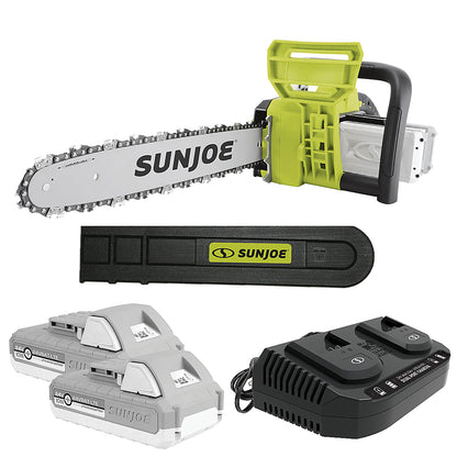 2026 Nuevo Sun Joe 48-Volt iON+ motosierra inalámbrica de 16 pulgadas con funda (2 baterías de 2Ah y 1 cargador) verde