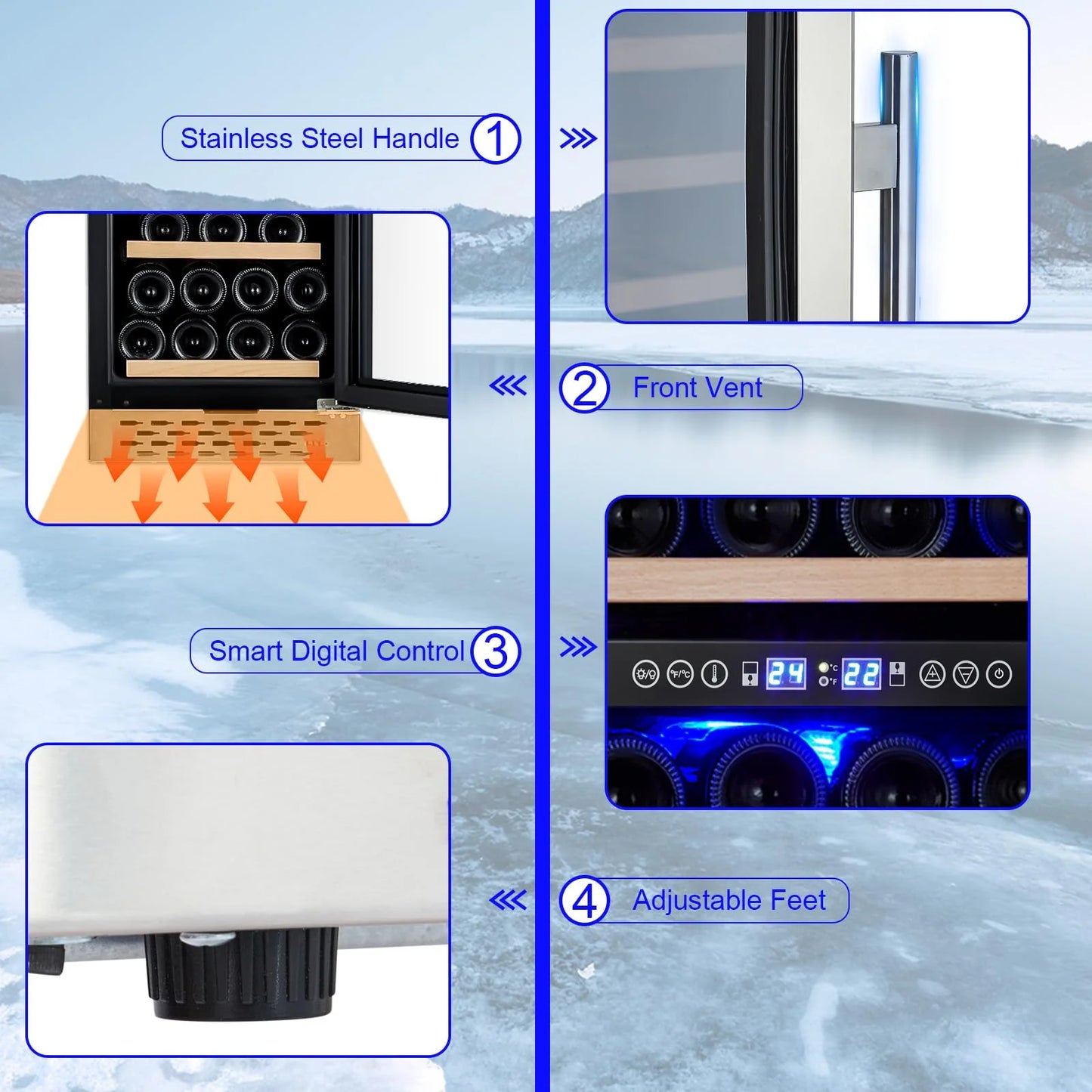 2026 Nuevo refrigerador enfriador de vino capacidad 28 botellas sistema de doble zona con puerta de vidrio control digital de temperatura para vino tinto blanco y espumoso instalación independiente o empotrada