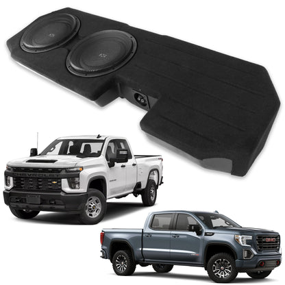 2026 Nuevo 2019 en adelante Chevrolet Silverado y GMC Sierra Crew Cab Trucks Caja de subwoofer doble de 12 pulgadas 800W RMS cargada personalizada BE GM SLVDC G4