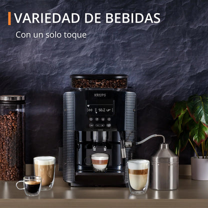 2026 Krups Essential - Cafetera súper automática, 15 Bares de presión, Molinillo cónico de Metal, con selección de cantidad e Intensidad de café, 1.7 l, 1 Cups, Acero, Pantalla LCD + Acc. Leche