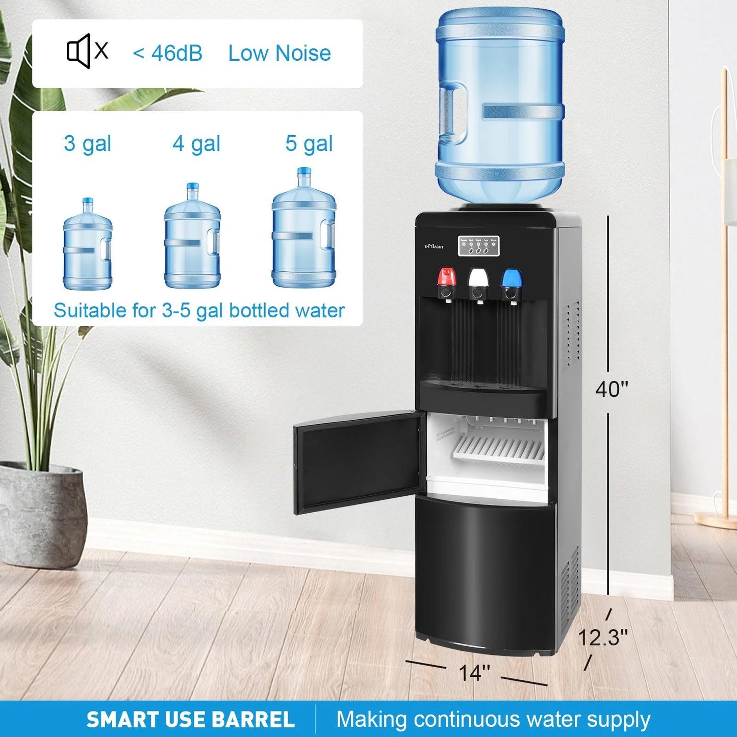 2026 Dispensador de agua 2 en 1 con fábrica de hielo – Para botellas de 3 a 5 galones – Seguridad infantil – Negro