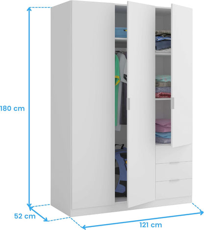 2026 Habitdesign Three Door and Three Drawer Wardrobe Closet, Artic White Finish, Measurements: 121 cm (W) x 180 cm (H) x 52 cm (D)