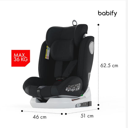 2026 Babify Onboard Silla de Coche Isofix para Bebés y Niños, 0 Meses - 12 Años, Apta Desde 40-150 cm, Ajustable 360º, Asiento Portátil y Seguro i-Size ECE R129 - Black edition