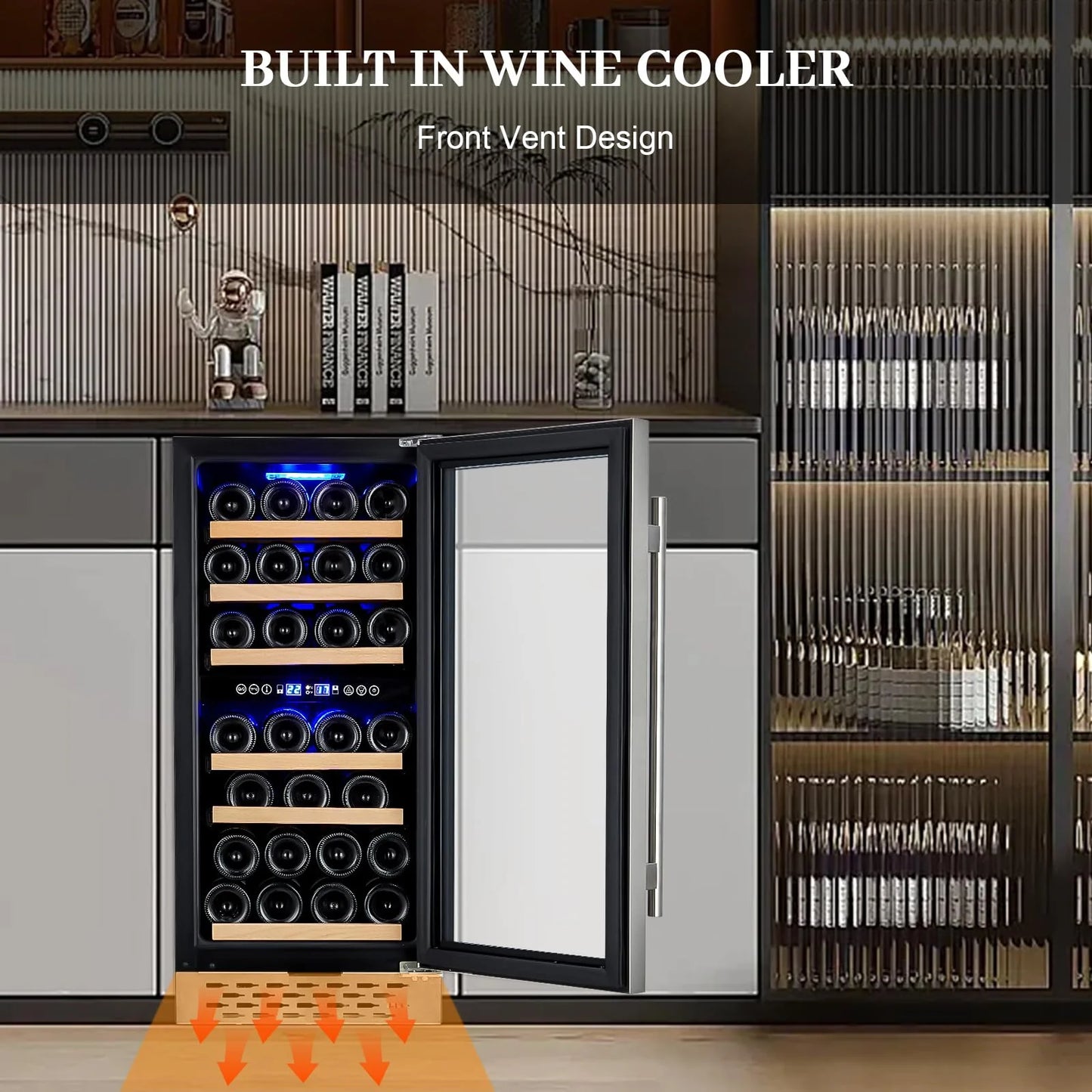 2026 Nuevo refrigerador enfriador de vino capacidad 28 botellas sistema de doble zona con puerta de vidrio control digital de temperatura para vino tinto blanco y espumoso instalación independiente o empotrada