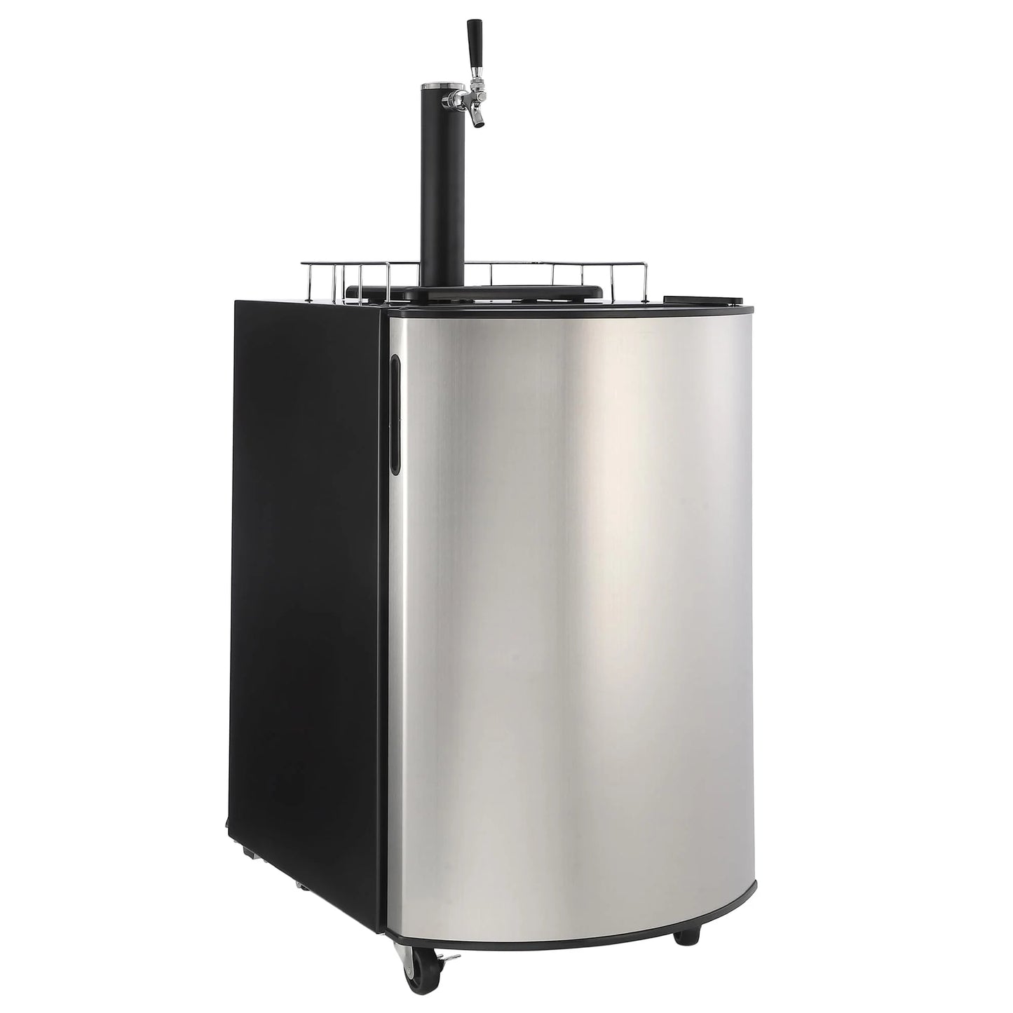 2026 Nuevo dispensador de cerveza de barril con un solo grifo refrigerador para barriles tamaño completo con estantes acero inoxidable bandeja de goteo y barandilla color plateado