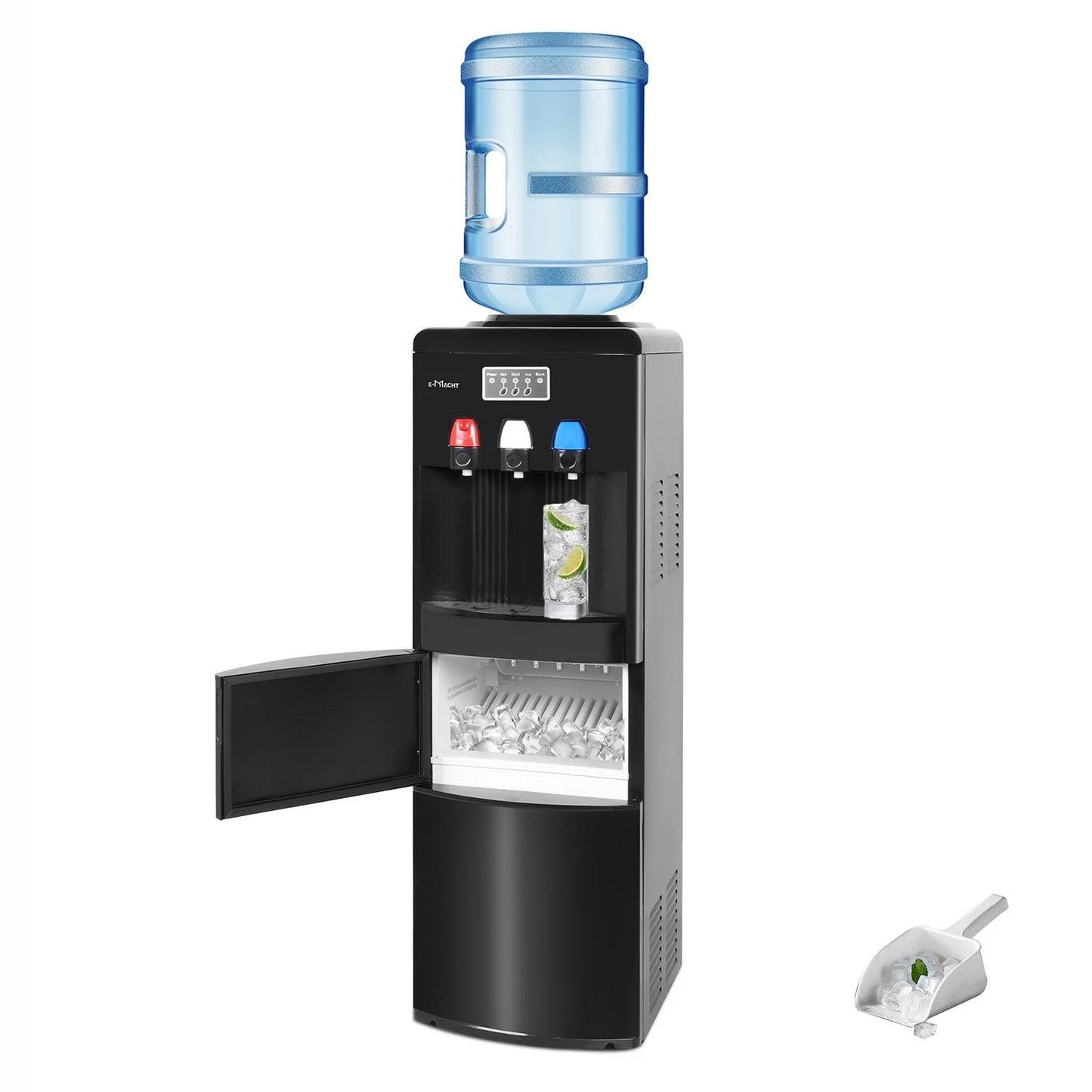 2026 Dispensador de agua 2 en 1 con fábrica de hielo – Para botellas de 3 a 5 galones – Seguridad infantil – Negro