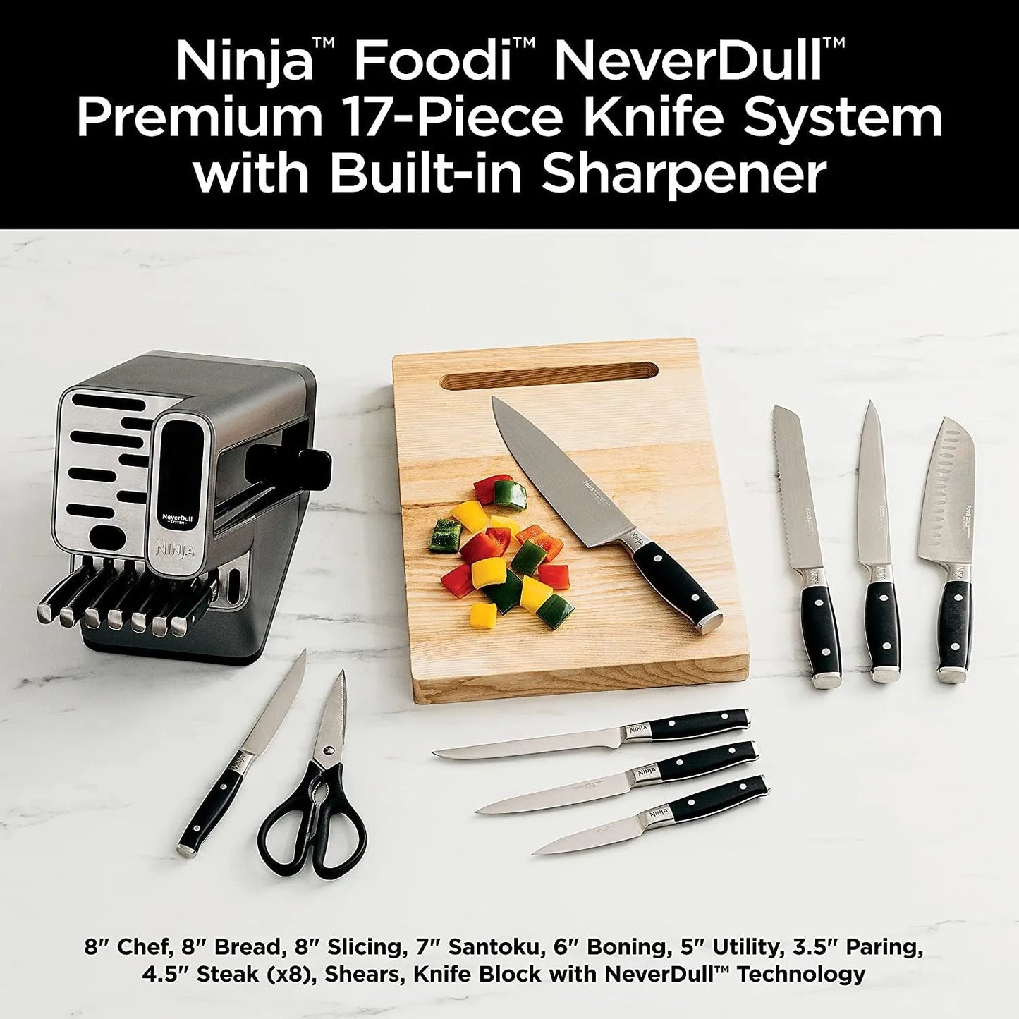 2026 Nuevo Ninja K32017 Foodi NeverDull sistema premium de cuchillos de 17 piezas con bloque y afilador integrado, acero inoxidable/negro