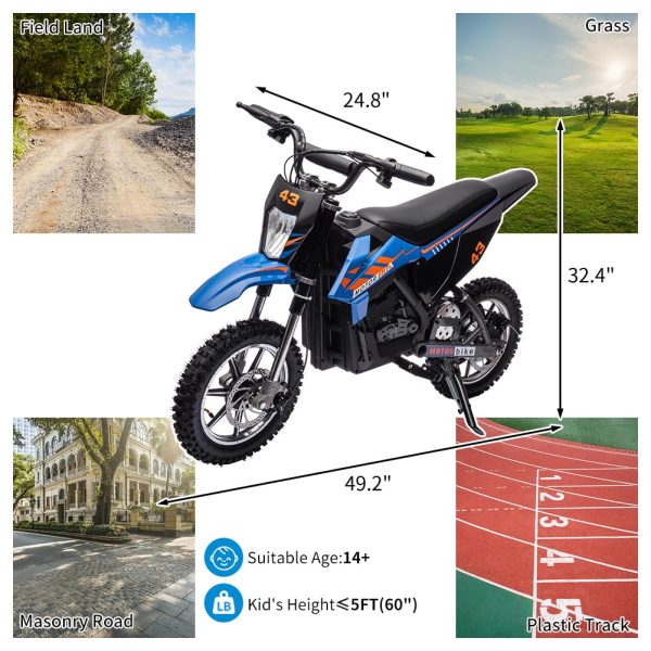 2026 Nuevo moto eléctrica de cross para niños 36V 350W 15.5 mph LED capacidad máxima 175 lb color azul