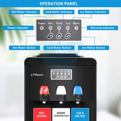 2026 Dispensador de agua 2 en 1 con fábrica de hielo – Para botellas de 3 a 5 galones – Seguridad infantil – Negro