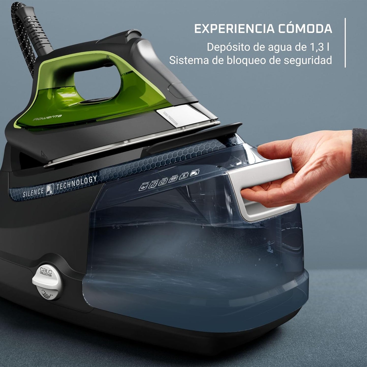 2026 Silence Pro -Centro de planchado, autonomía ilimitada, 8 bares, golpe vapor 600 g/min, suela Microsteam, función ECO y depósito cal, 1.3 litros, Color Negro Y Gris DG9248