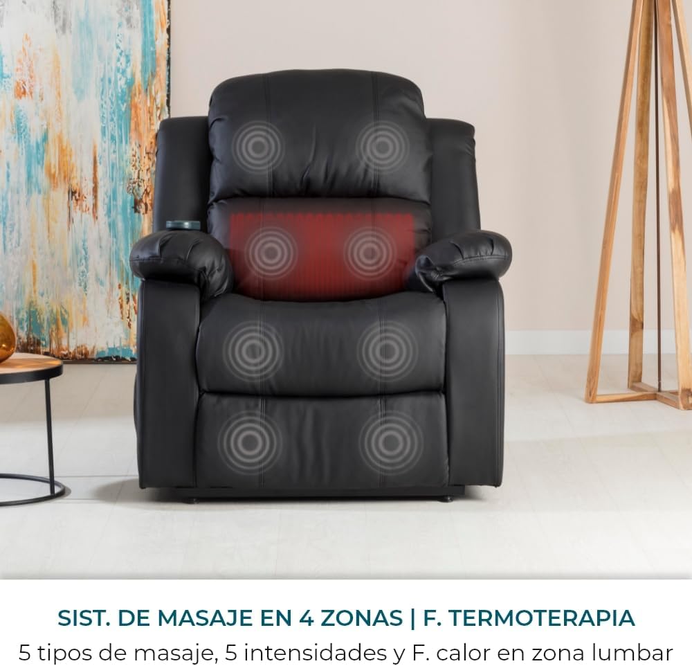 2026 Don Descanso - Sillón Masaje Relax Calor Trevi Negro Reclinable 160º con 8 Motores Silenciosos, Calor Lumbar, Sist. Masaje 4 Zonas y Acabado en PU Anti-Cuarteo [Incluye Mando]. Ideal Gente Mayor