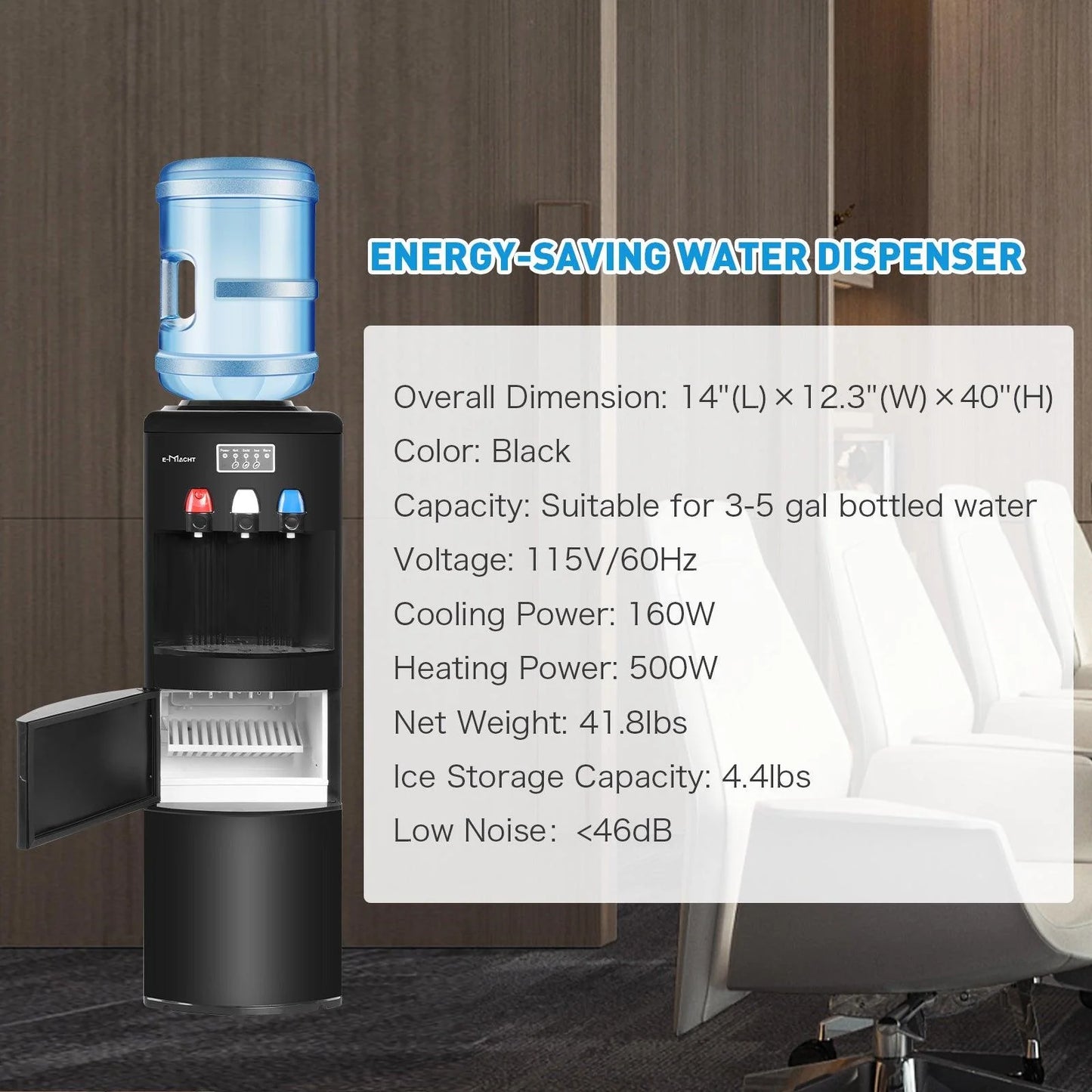 2026 Dispensador de agua 2 en 1 con fábrica de hielo – Para botellas de 3 a 5 galones – Seguridad infantil – Negro