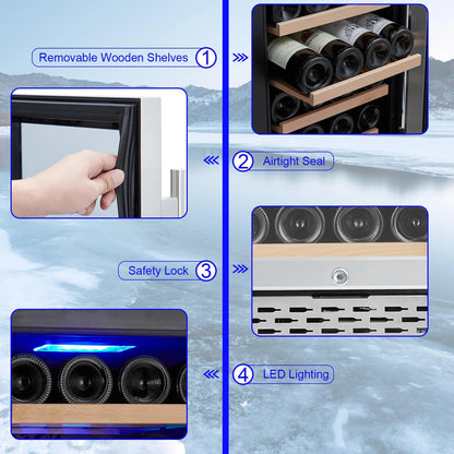 2026 Nuevo refrigerador enfriador de vino capacidad 28 botellas sistema de doble zona con puerta de vidrio control digital de temperatura para vino tinto blanco y espumoso instalación independiente o empotrada