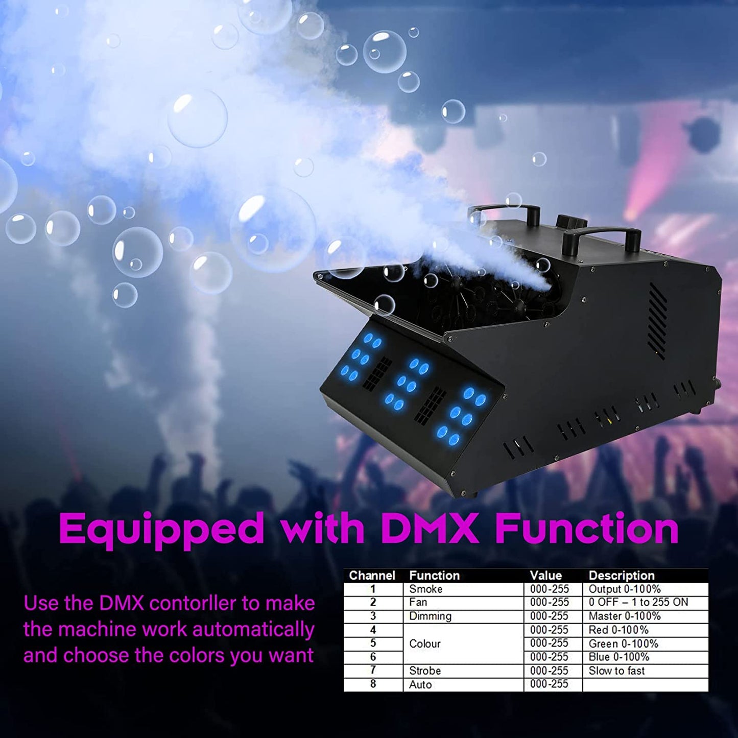 2026 Nuevo TC-Home máquina de efectos 3 en 1 de niebla y burbujas con luces LED RGB DMX y ventiladores dobles