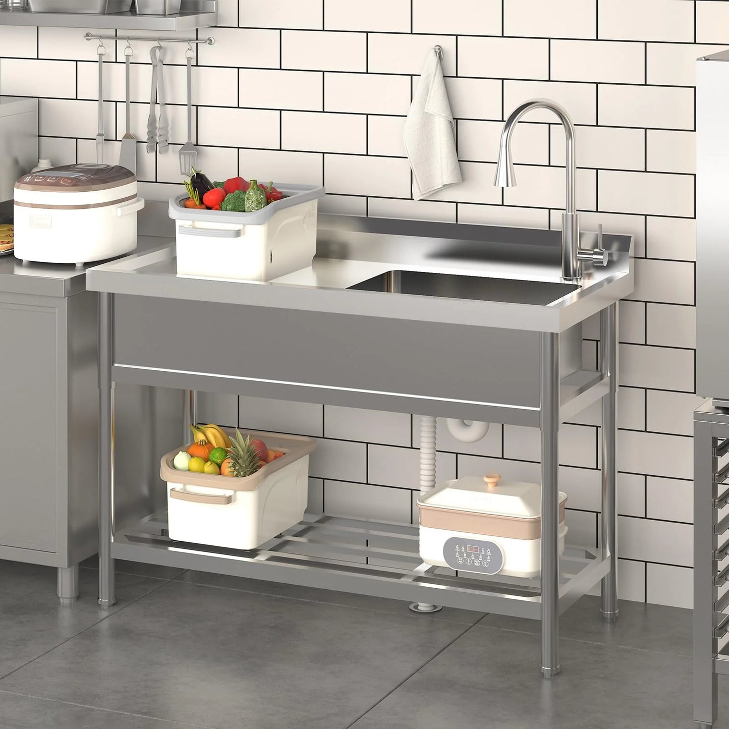 2026 Nuevo fregadero utilitario de acero inoxidable 47”ancho x 20”fondo x 37”alto independiente de un seno con grifo de agua fría y caliente para cocina lavandería restaurante garaje o jardín