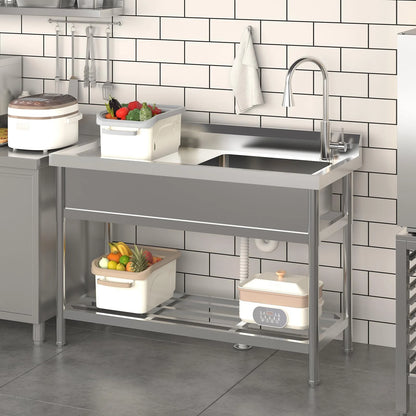 2026 Nuevo fregadero utilitario de acero inoxidable 47”ancho x 20”fondo x 37”alto independiente de un seno con grifo de agua fría y caliente para cocina lavandería restaurante garaje o jardín